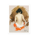 Nude Japanese Woman - William Merritt Chase Art Print, Nude Figure Dark Hair Seated Turned Draped Orange