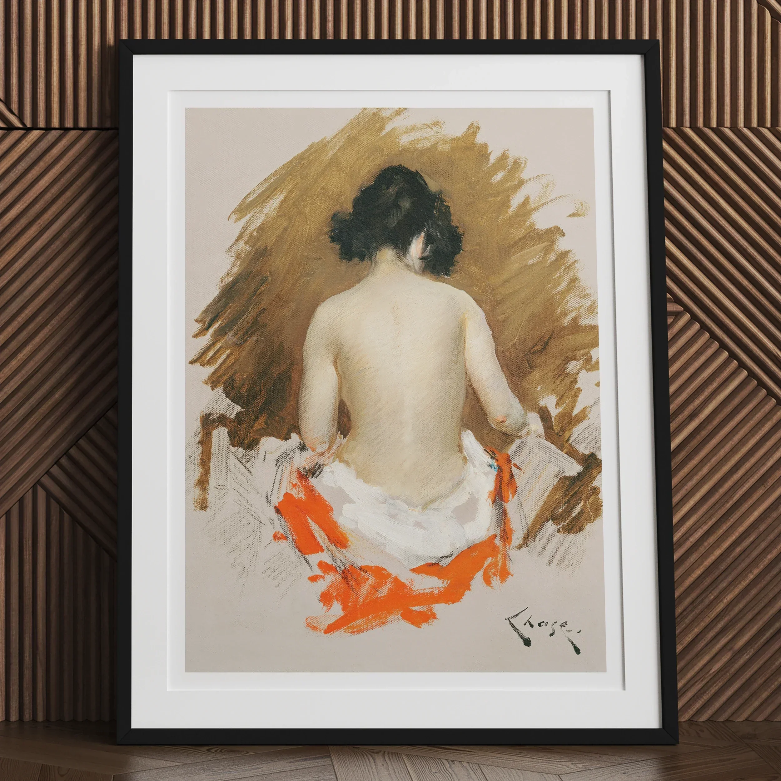 Nude Japanese Woman - William Merritt Chase Art Print, Framed Painting Nude Figure’s Orange Fabric Draped