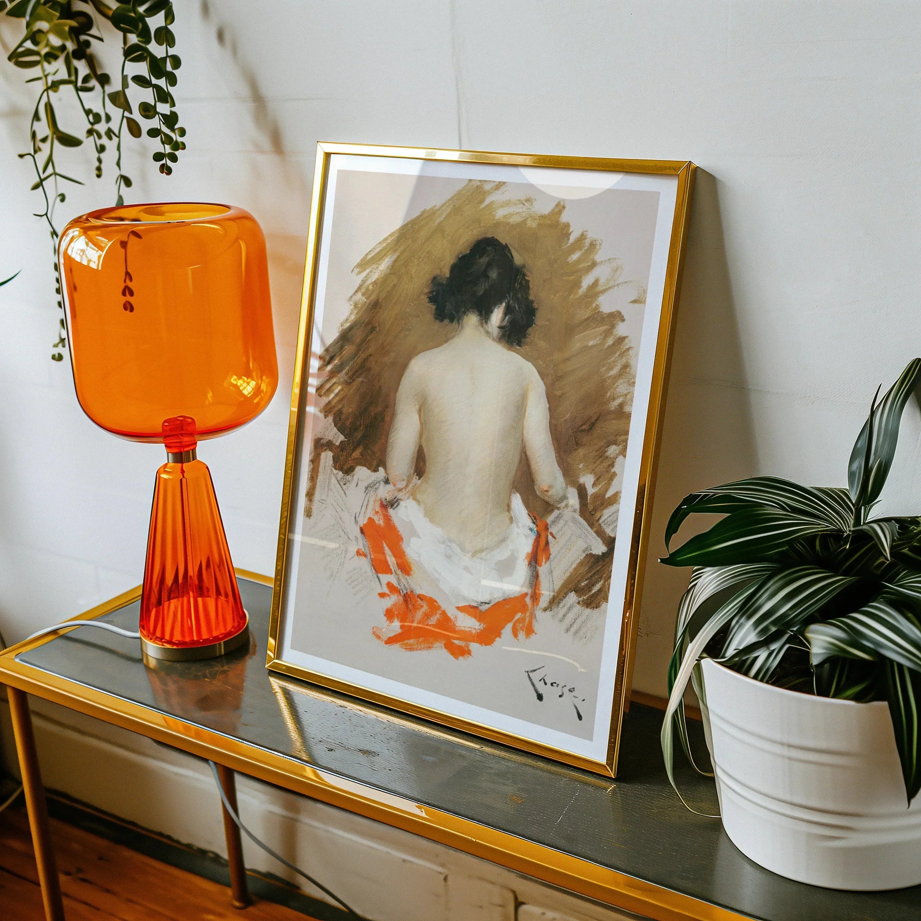 Nude Japanese Woman William Merritt Chase Art Print, Framed Watercolor Painting Nude Figure Orange Accents