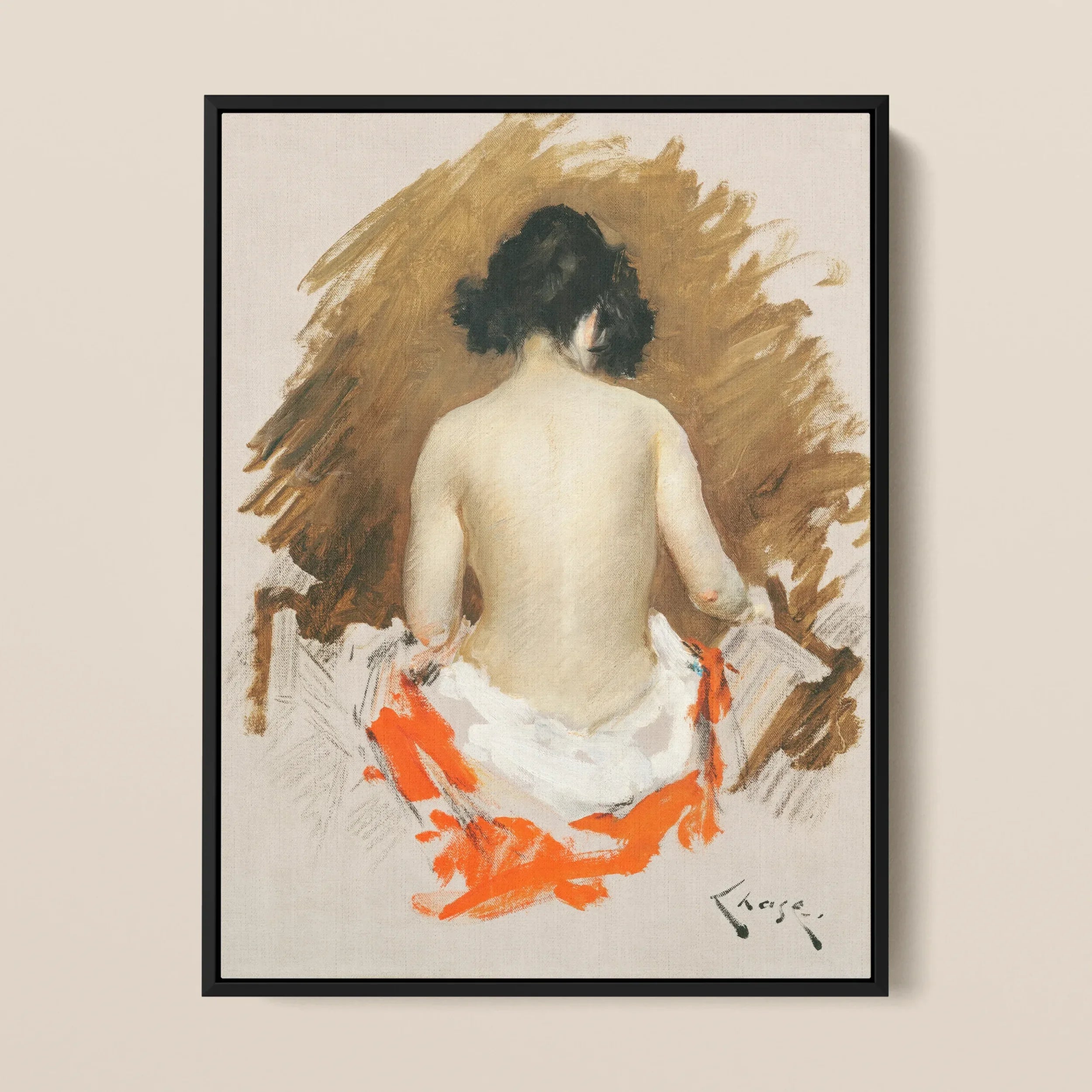 Nude Japanese Woman - William Merritt Chase Framed Canvas, Painting Nude Figure’s White Orange Drape