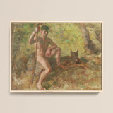 A Nude Male with a Dog in Forest - Julius Paulsen Fine Art Print / Canvas Framed Oil Painting Nude Man Dark Hair Wooded Julius Paulsen