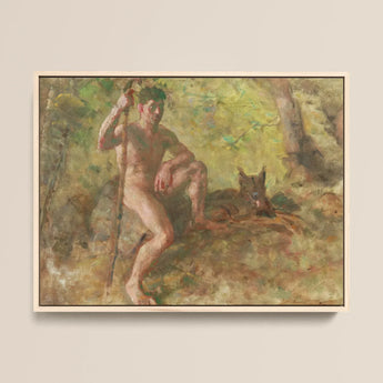 A Nude Male with a Dog in Forest - Julius Paulsen Fine Art Print / Canvas Framed Oil Painting Nude Man Dark Hair Wooded Julius Paulsen