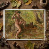 A Nude Male with a Dog in Forest - Julius Paulsen Fine Art Print / Canvas Framed Painting Nude Male Figure Seated Forest Surrounded Julius
