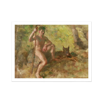 A Nude Male with a Dog in Forest - Julius Paulsen Fine Art Print / Canvas Nude Man Staff Wolf Julius Paulsen Fine, Paulsen’s Oils Burn,