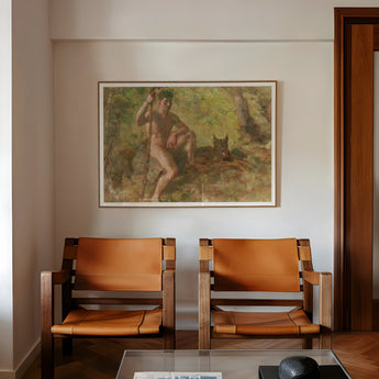 A Nude Male with a Dog in Forest - Julius Paulsen Fine Art Print / Canvas Two Wooden-framed Armchairs Tan Leather Seats Backrests Julius