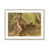 A Nude Male with a Dog in Forest - Julius Paulsen Fine Art Print, Framed Painting Nude Man Staff Wolf