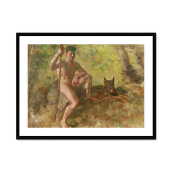 A Nude Male with a Dog in Forest - Julius Paulsen Fine Art Print, Framed Painting Nude Man Staff Wolf