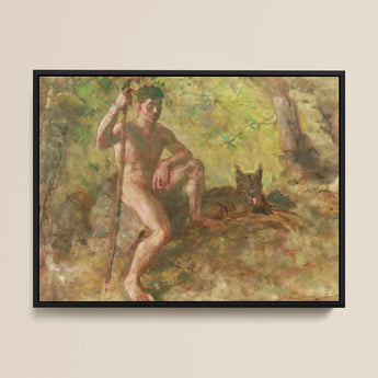 A Nude Male with a Dog in Forest - Julius Paulsen Framed Canvas, Framed Painting Nude Man Dog
