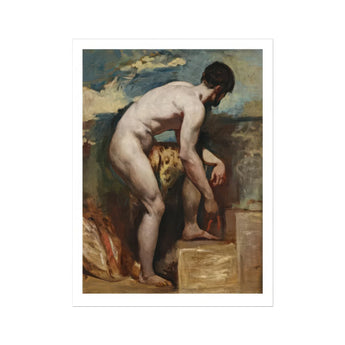 Nude Man Tying His Sandal - William Etty Art Print, Nude Figure Stone Blocks Classical Painting Style