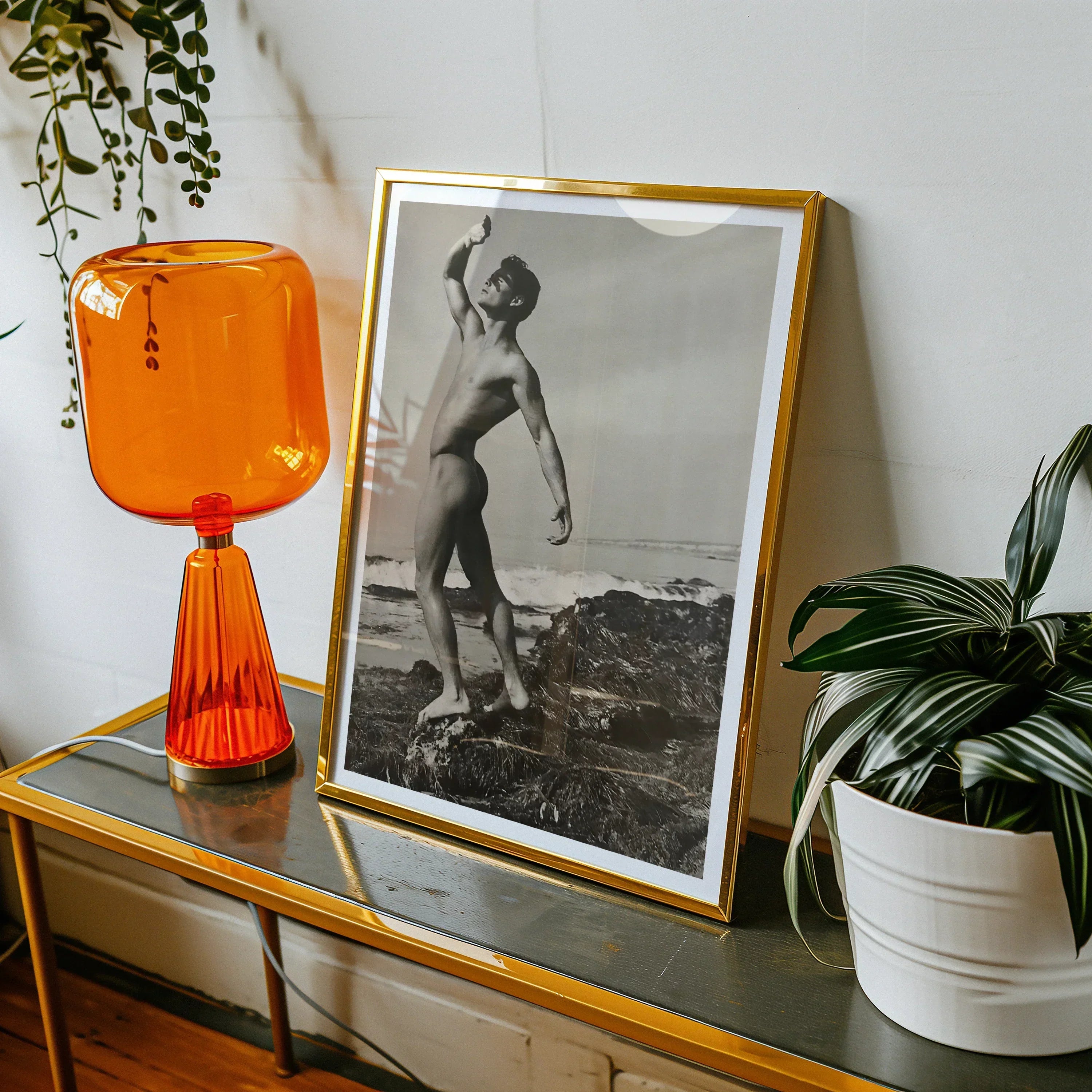 Nude Man at Beach - Forrester Millard by Bob Mizer Art Print, Vintage Black White Photograph Gold Frame