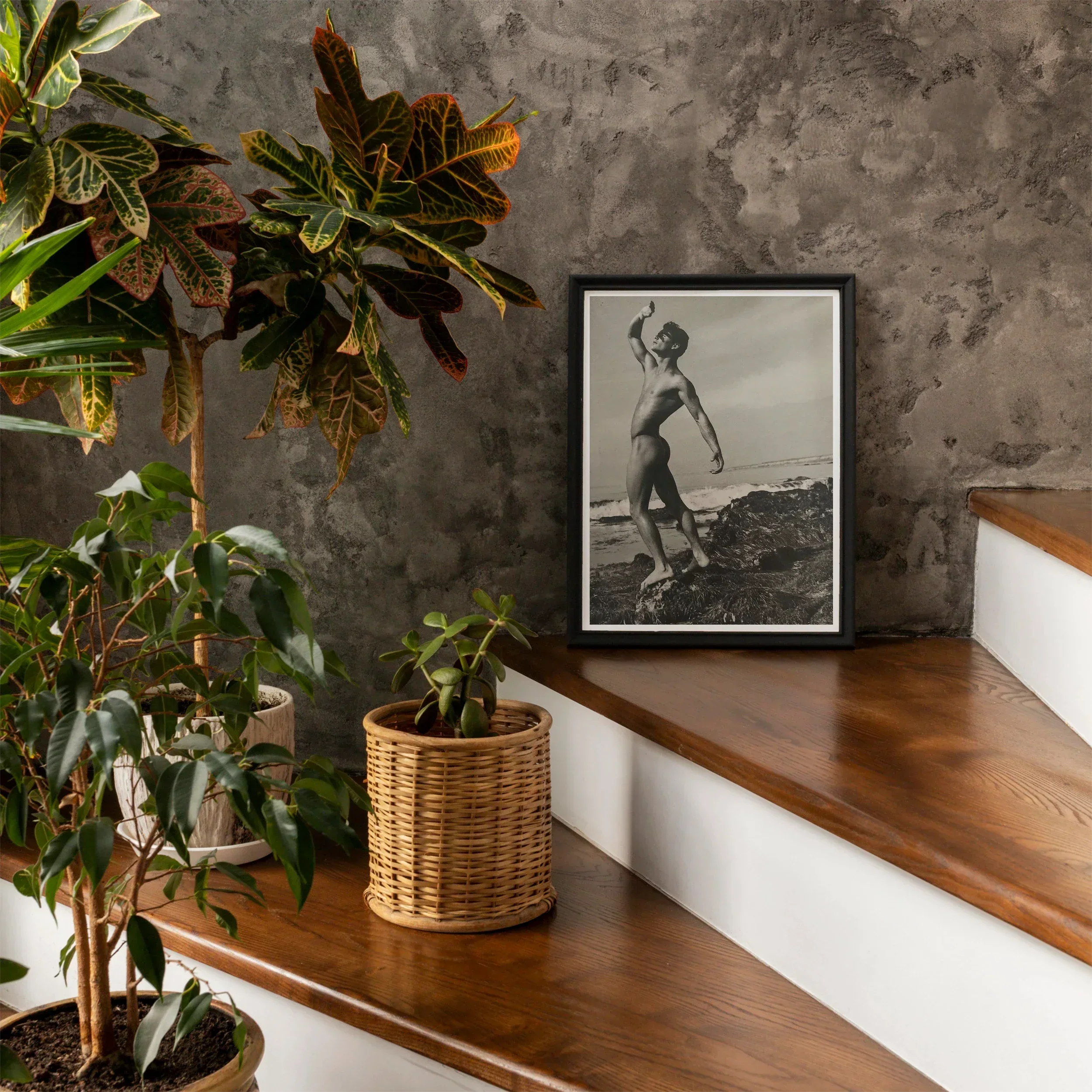 Nude Man at Beach - Forrester Millard by Bob Mizer Art Print, Vintage Black White Photograph Simple Frame Wooden Stairs