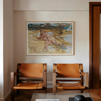 Nude Man on Beach - John Singer Sargent Art Print, Two Mid-century Modern Leather Chairs Wooden Frames Positioned