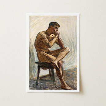 Nude Man Playing Harmonica - Eugene Jansson Art Print / Canvas Framed Painting Muscular Earthy Tones Seated Stool, Lips Sealed, Instrument