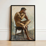 Nude Man Playing Harmonica - Eugene Jansson Art Print / Canvas Framed Painting Male Figure Seated Stool Rendered, Lips Sealed, Instrument