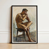 Nude Man Playing Harmonica - Eugene Jansson Art Print / Canvas Framed Painting Male Figure Seated Stool Rendered, Lips Sealed, Instrument
