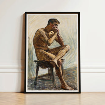 Nude Man Playing Harmonica - Eugene Jansson Art Print / Canvas Framed Painting Male Figure Seated Stool Rendered, Lips Sealed, Instrument