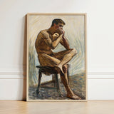 Nude Man Playing Harmonica - Eugene Jansson Art Print / Canvas Framed Painting Muscular Earthy Tones Seated Stool, Lips Sealed, Instrument