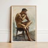 Nude Man Playing Harmonica - Eugene Jansson Art Print / Canvas Framed Painting Male Figure Seated Stool Rendered, Lips Sealed, Instrument