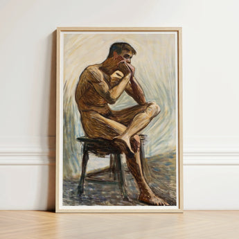 Nude Man Playing Harmonica - Eugene Jansson Art Print / Canvas Framed Painting Male Figure Seated Stool Rendered, Lips Sealed, Instrument