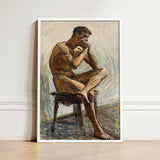 Nude Man Playing Harmonica - Eugene Jansson Art Print / Canvas Framed Painting Muscular Earthy Tones Seated Stool, Lips Sealed, Instrument