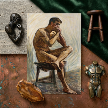 Nude Man Playing Harmonica - Eugene Jansson Art Print / Canvas Thoughtfully Rendered Oil Painting Muscular Earthy Tones, Lips Sealed,