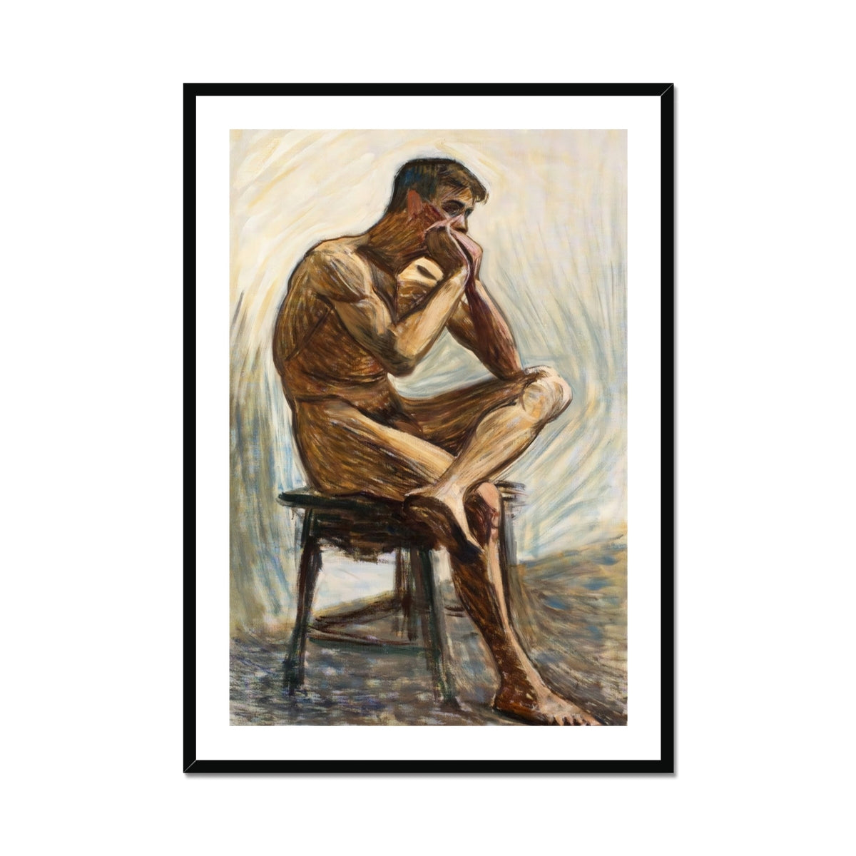 Nude Man Playing Harmonica - Eugene Jansson Art Print, Framed Painting Seated Nude Man
