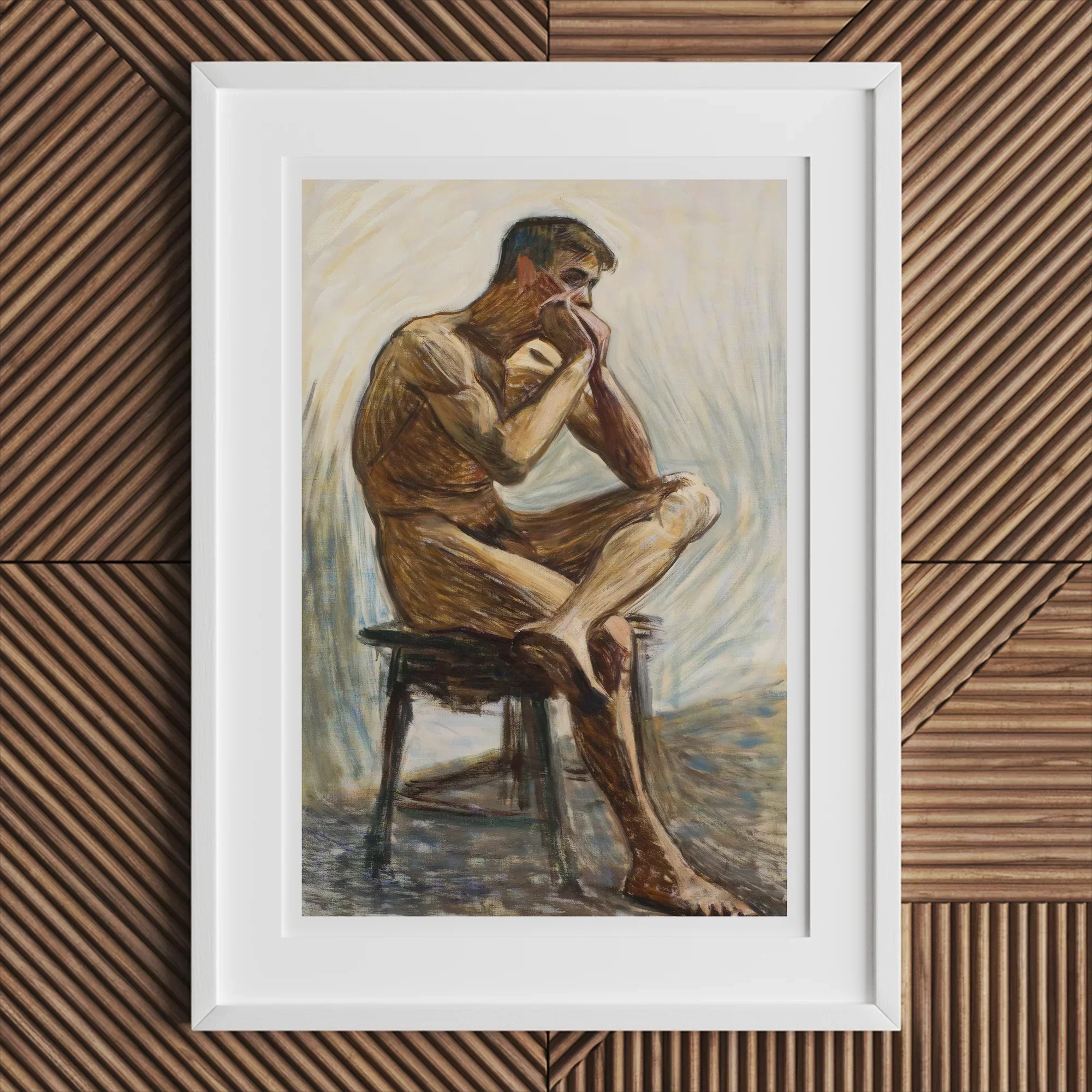 Nude Man Playing Harmonica - Eugene Jansson Art Print, Framed Painting Seated Nude Man
