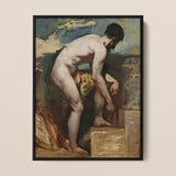 Nude Man Tying His Sandal - William Etty Art Print / Canvas Black-framed Reproduction El Greco’s ?The Burial Count Orgaz” William Etty’s Nude