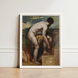 Nude Man Tying His Sandal - William Etty Art Print / Canvas White-framed Reproduction Classical Oil Painting Male Figure Etty’s, Gay, Prints