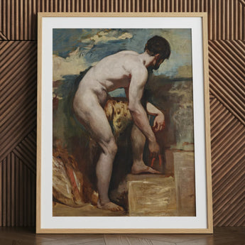 Nude man tying sandal art print, framed reproduction