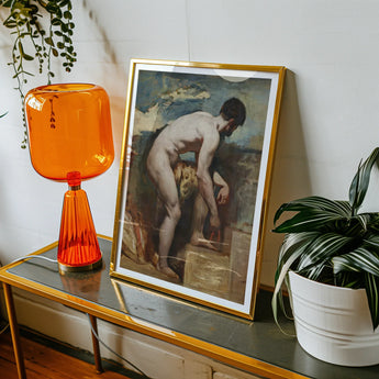Nude Man Tying His Sandal - William Etty Art Print, Orange Glass Table Lamp Ribbed Base Smooth Shade
