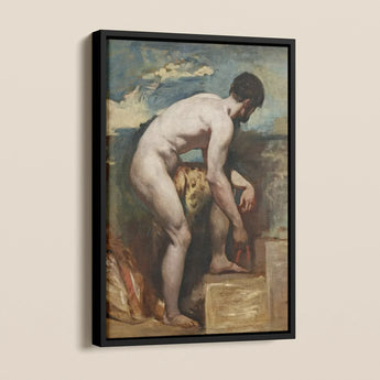 Nude Man Tying His Sandal William Etty Framed Canvas, Classical Oil Painting Nude Figure Stone Block