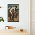 Nude Man Tying His Sandal - William Etty Framed Canvas, Framed Classical Nude Painting Mounted White Wall