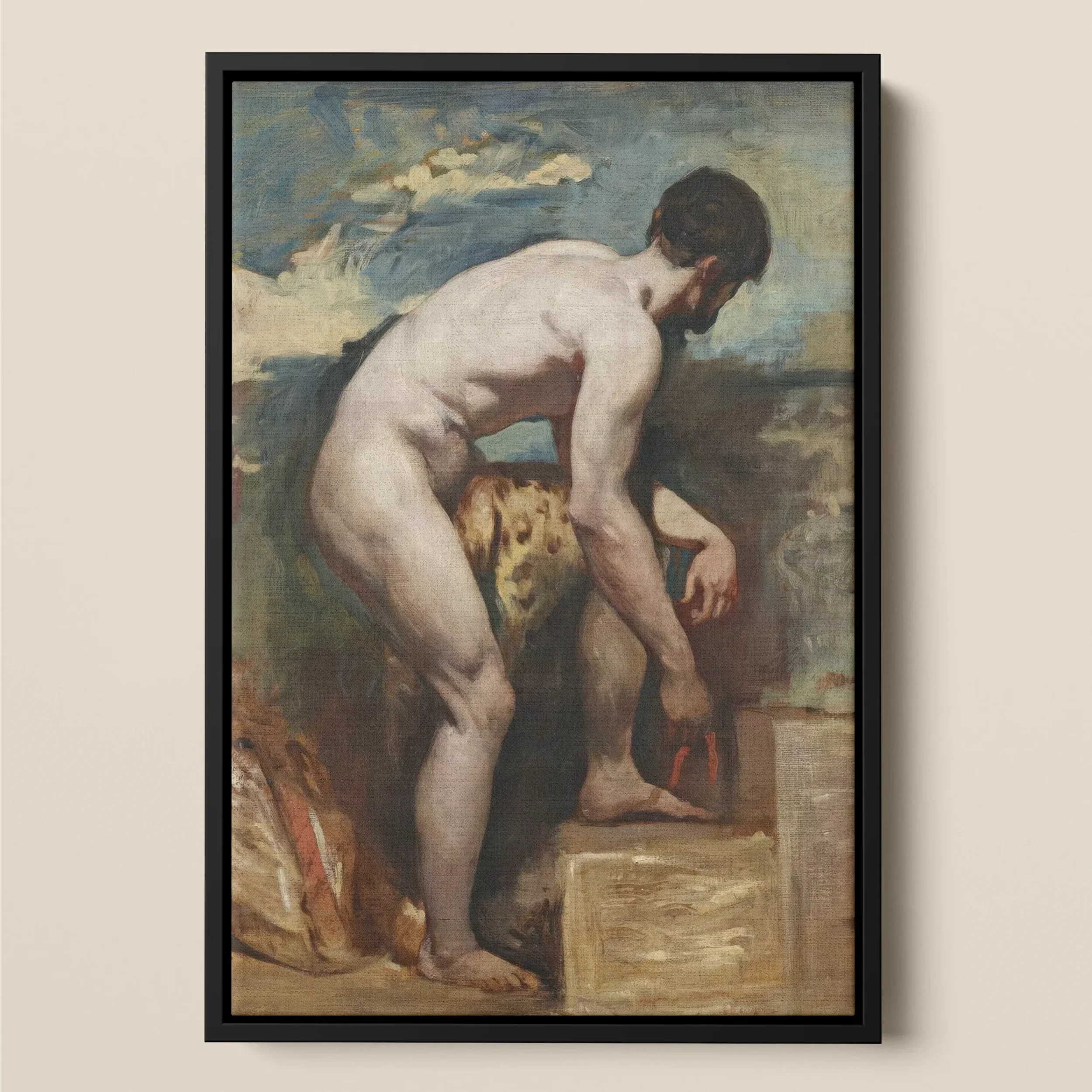 Nude Man Tying His Sandal - William Etty Framed Canvas