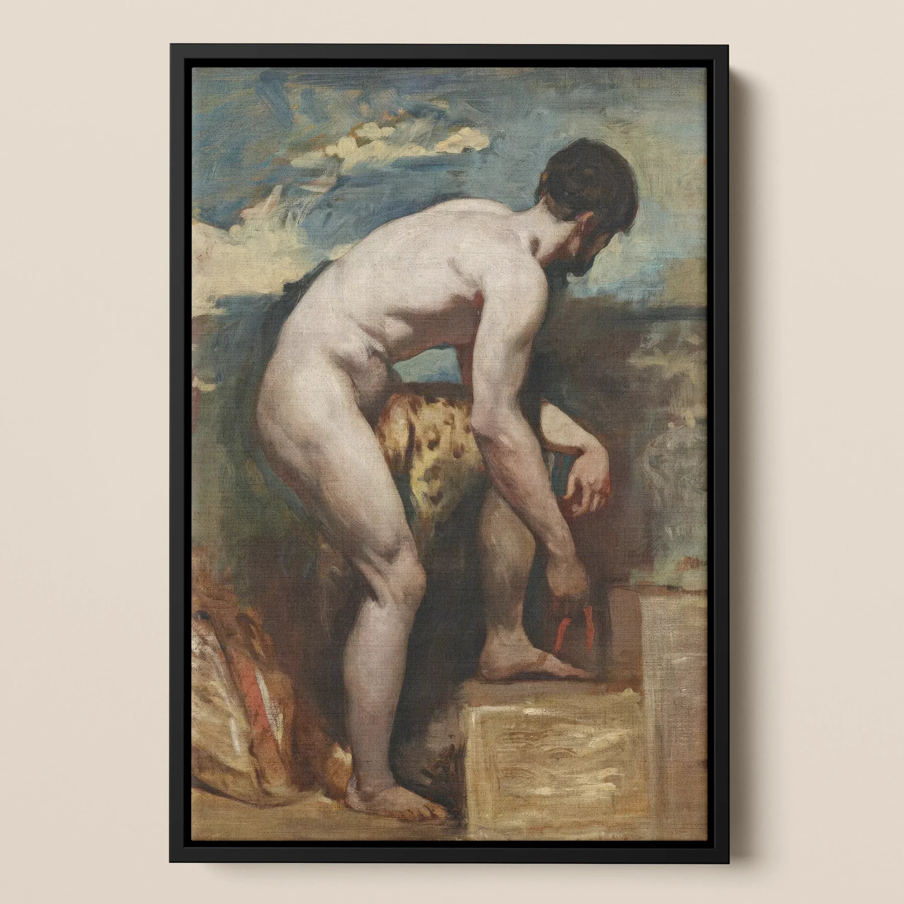 Nude Man Tying His Sandal - William Etty Framed Canvas, Framed Painting Nude Male Figure Pose