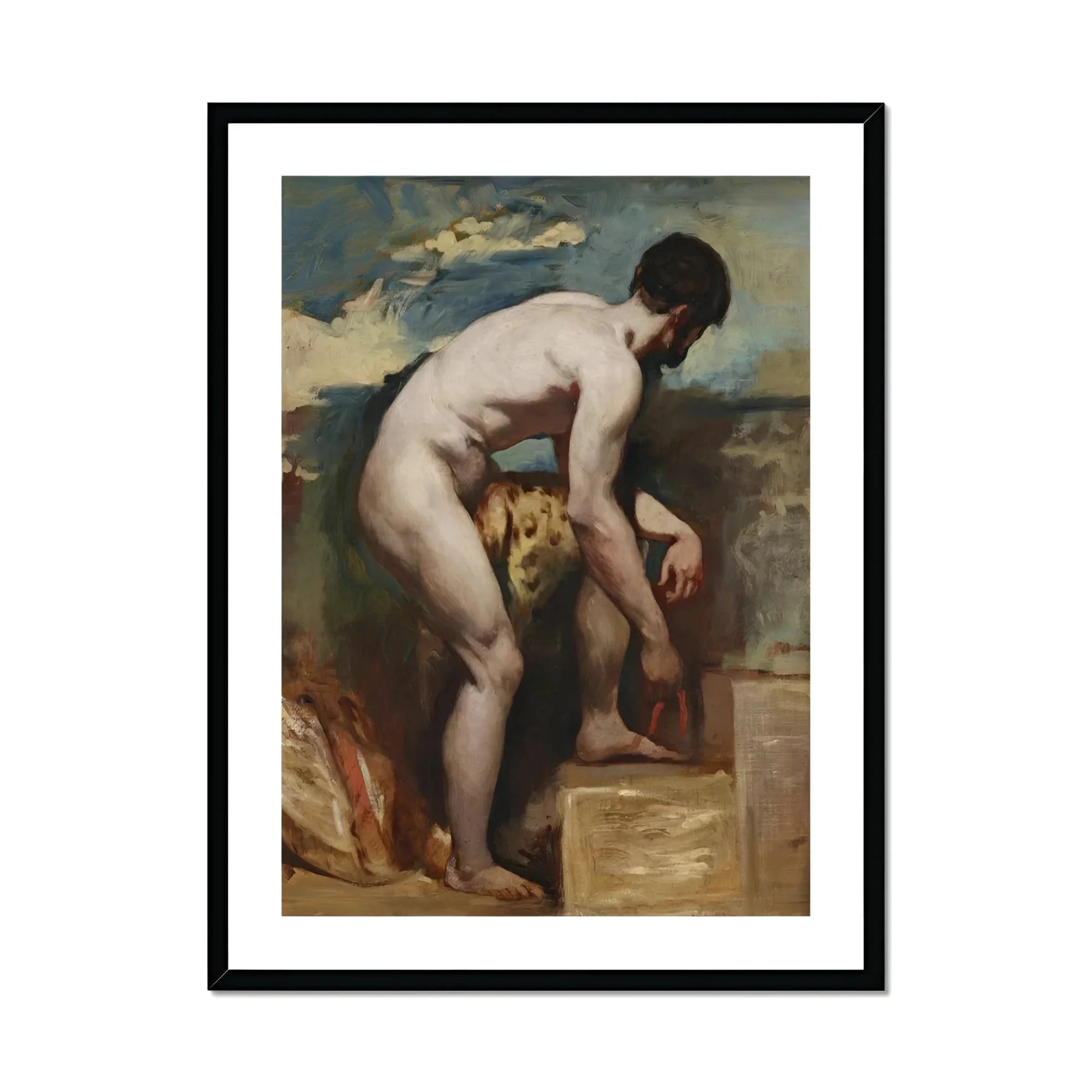 Nude Man Tying His Sandal - William Etty Art Print, Classical Oil Painting Nude Figure Lion