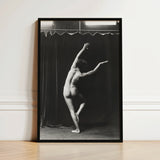Black-framed Black-and-white Photographic Print Nude Dancer Motion White Arm Arcs Overhead, Catching Studio Light, Arnold Genthe Art,