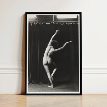 Black-framed Black-and-white Photographic Print Nude Dancer Expressive Pose Arm Arcs Overhead, Catching Studio Light, Arnold Genthe Art,
