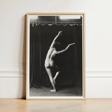 Minimalist Wooden-framed Black-and-white Photograph Nude Dancer Expressive Pose Arm Arcs Overhead, Catching Studio Light, Arnold Genthe