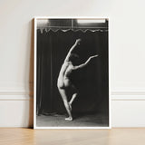 Black-and-white Framed Photograph Nude Dancer Mid-motion Dark Curtain Arm Arcs Overhead, Catching Studio Light, Arnold Genthe Art, Print,