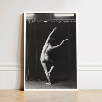 Black-and-white Framed Photograph Nude Dancer Mid-motion Dark Curtain Arm Arcs Overhead, Catching Studio Light, Arnold Genthe Art, Print,