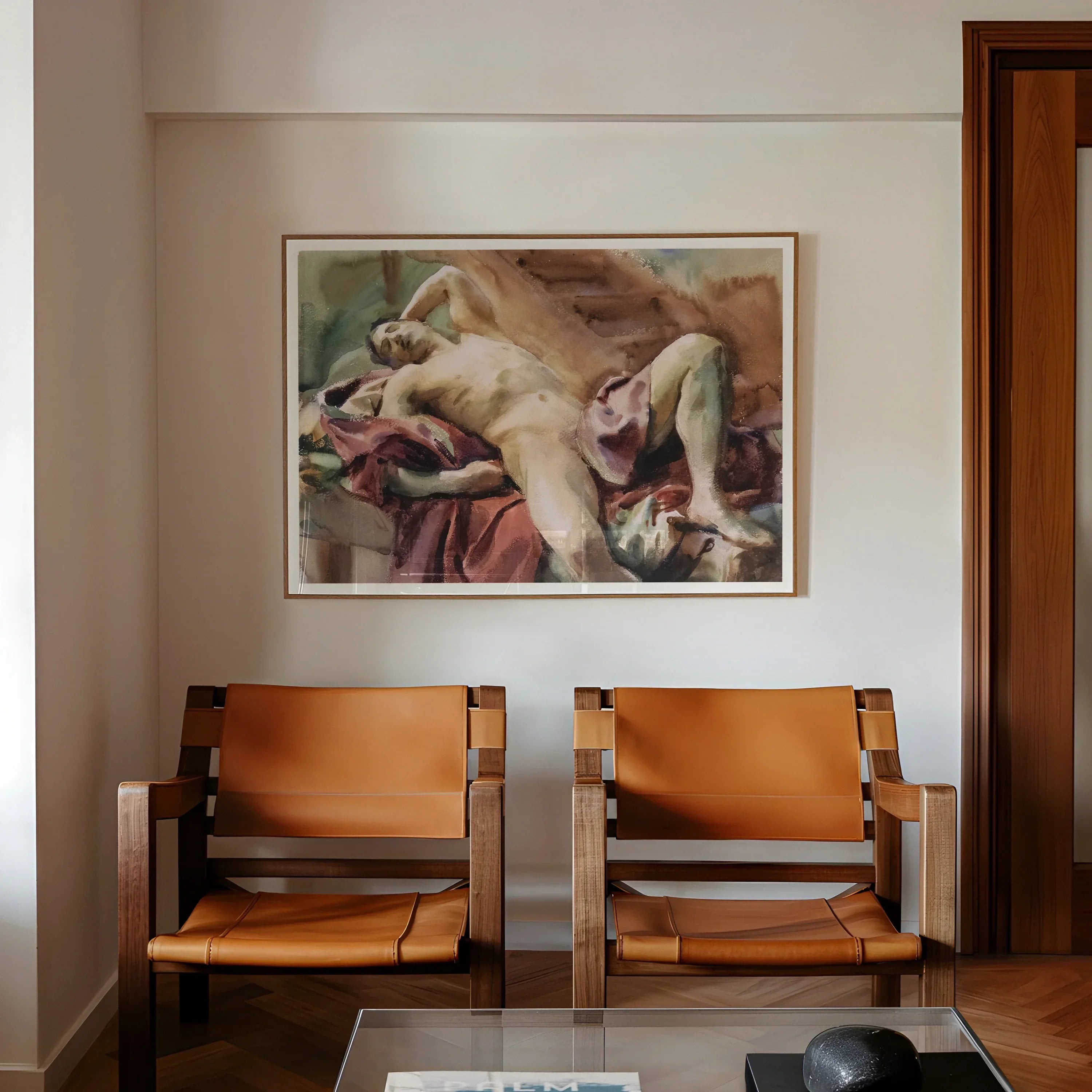 Nude Portrait of Nicola D’inverno - John Singer Sargent Art Print, Two Tan Leather Armchairs Wooden Frames Positioned