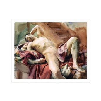 Nude Portrait of Nicola D’inverno - John Singer Sargent Art Print, Watercolor Painting Nude Figure Red Fabric