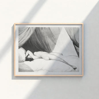 Minimalist Light Wood-framed Black White Artwork Nude Figure Spine’s Long Furrow, Caught, William Holland’s Patient, Dotwork, Shadow