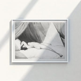White-framed Black-and-white Artwork Nude Figure Pillows Beneath Draped Spine’s Long Furrow, Caught, William Holland’s Patient, Dotwork,