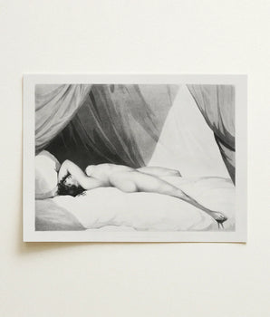 Black-and-white Lithograph Print Nude Figure Pillows Beneath Draped Spine’s Long Furrow, Caught, William Holland’s Patient, Dotwork, Shadow