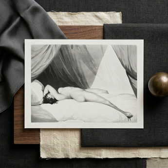 Nude Reclining on Curtained Bed - Adam Buck Art Print / Canvas Framed Black-and-white Print Nude Figure Soft Draped Fabric Spine’s Long