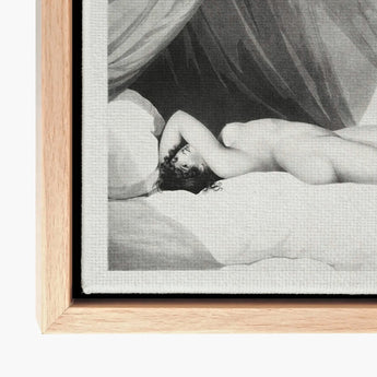 Nude Reclining on Curtained Bed - Adam Buck Art Print / Canvas Black-and-white Figure Framed Light Wood Spine’s Long Furrow, Caught,