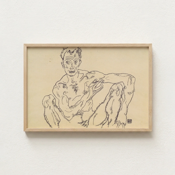 Minimalist Wooden-framed Line Nude Figure Expressive Sketchy Style Egon Schiele’s, Self-portrait Hisses, Fine Art Print