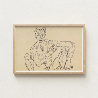 Minimalist Wooden-framed Artwork Black Ink Line Seated Nude Egon Schiele’s, Self-portrait Hisses, Fine Art Print